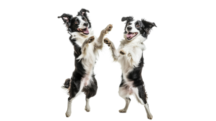 Two playful dogs jumping in excitement together