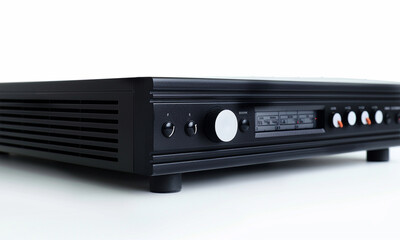 Fototapeta premium Black digital audio amplifier with control buttons and a display. High-performance sound system for home entertainment, music, and professional audio setups