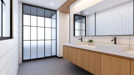 Fototapeta premium Modern bathroom interior featuring sleek design, large mirrors, and natural light from windows