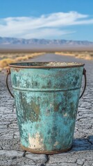 Fototapeta premium Rustic Teal Metal Bucket on Cracked Earth with Desert Landscape Background