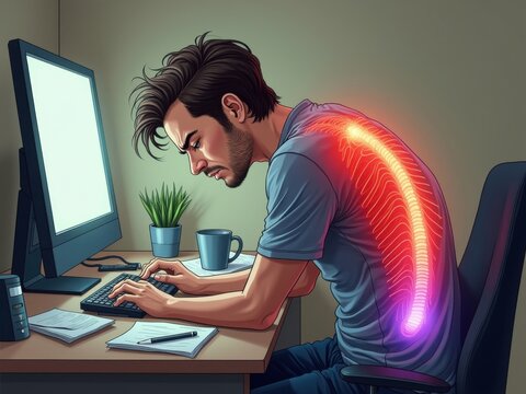 Ilustraci&oacute;n de dolor de espalda causada por una mala postura en la computadora, tensi&oacute;n muscular enfatizada, ambiente de trabajo inc&oacute;modo
