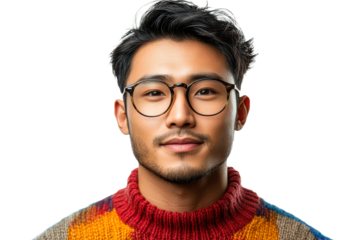 Young man wearing colorful sweater and glasses