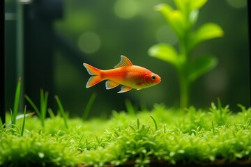 Colorful cardinalfish in aquarium swims gracefully among lush green plants, showcasing a vibrant underwater scene. Concept explores beauty of cardinalfish in aquarium habitat.