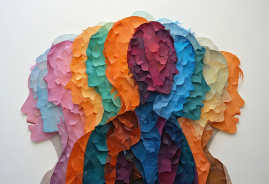 Colorido mosaico en capas de siluetas humanas superpuestas, elaborado a partir de capas de papel con iluminaci&oacute;n suave y profundidad
