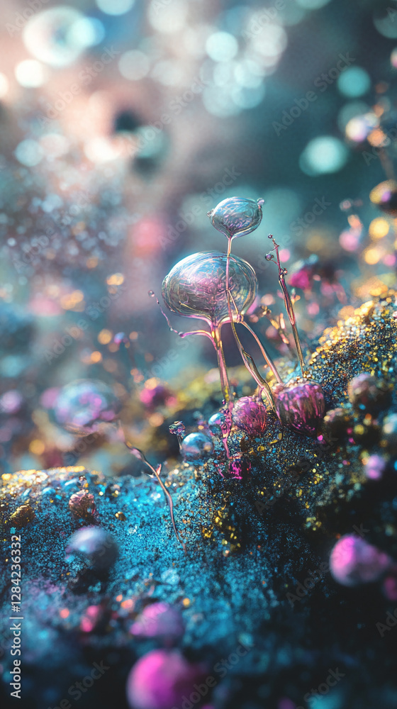 Poster close-up of colorful soap bubbles and shimmering drops on a vibrant surface, showcasing delicate ref
