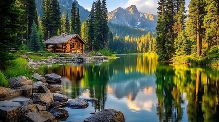 Fototapeta premium there is a cabin sitting on the shore of a lake