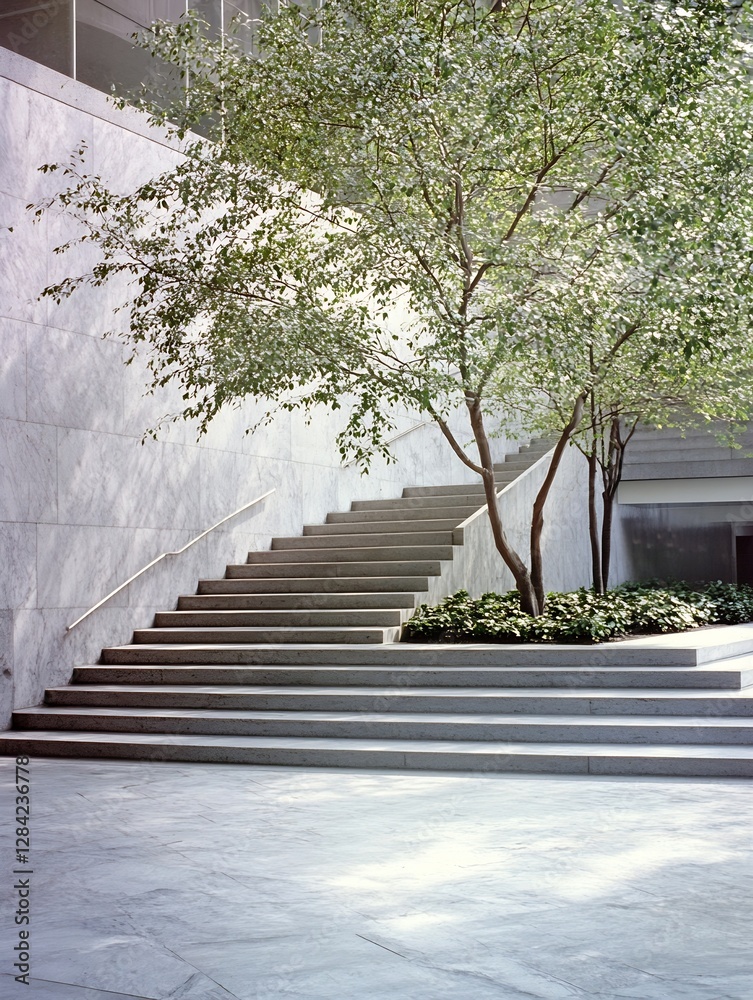 Poster stunning modern architecture featuring elegant staircase surrounded by lush greenery and warm natura