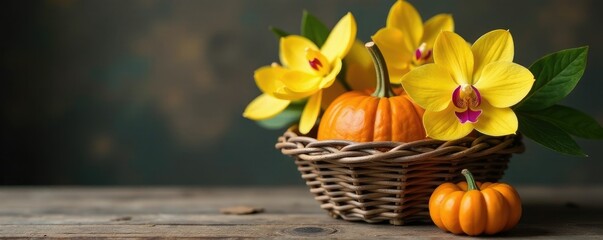 Yellow orchids and orange pumpkin in a distressed wood basket, seasonal arrangements, , woven baskets