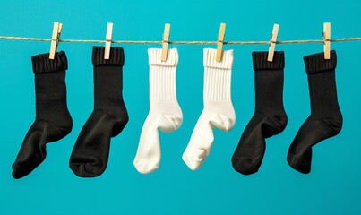 Shoes in black and white with a clothespin hanging in a row on a clothesline, isolated against a vibrant backdrop, Generative AI.