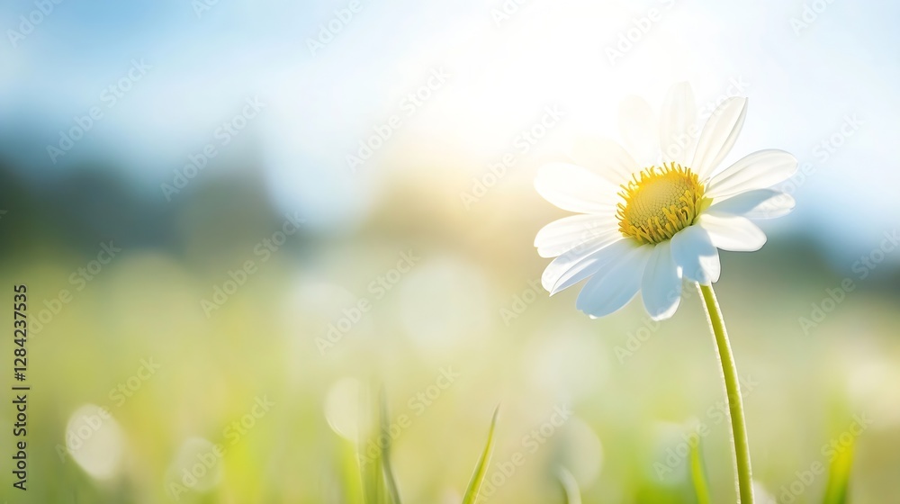 Poster Single white daisy flower in soft sunlight with a blurred background creating a serene and peaceful garden scene : Generative AI