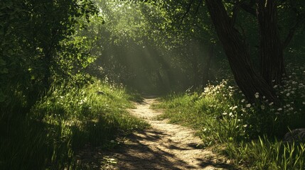 Sunlit forest pathway with lush greenery and wildflowers