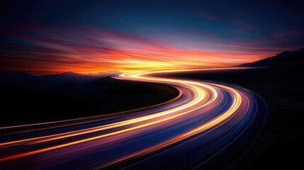 Winding road at sunset with light trails.  Possible use stock photography for travel, adventure, or inspirational themes