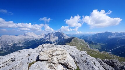 Breathtaking Mountain Landscape Under a Blue Sky Surrounded by Majestic Peaks and Clouds : Generative AI
