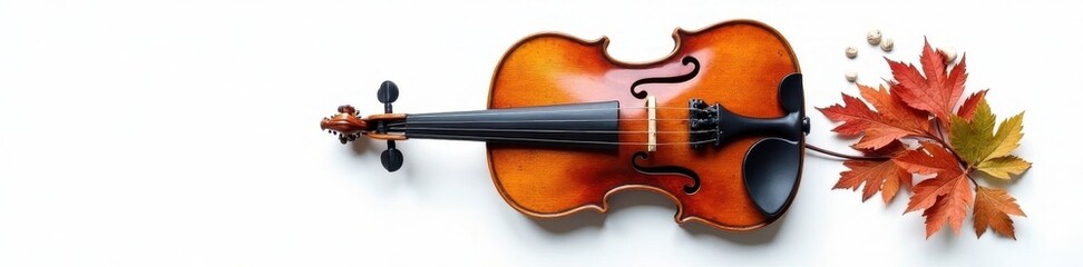 Fototapeta premium Antique violin, rich wood grain, white backdrop, classical, musical instrument, close-up