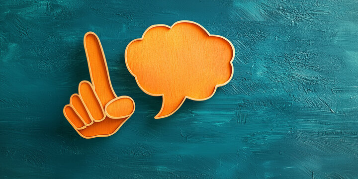 Hand gesture with finger raised in signaling "one moment", text bubble illustration on textured teal background for communication concepts