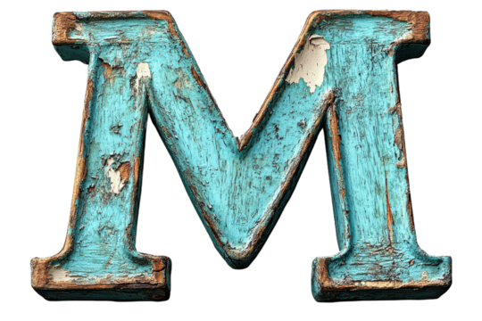 Wooden letter M in distressed aqua finish