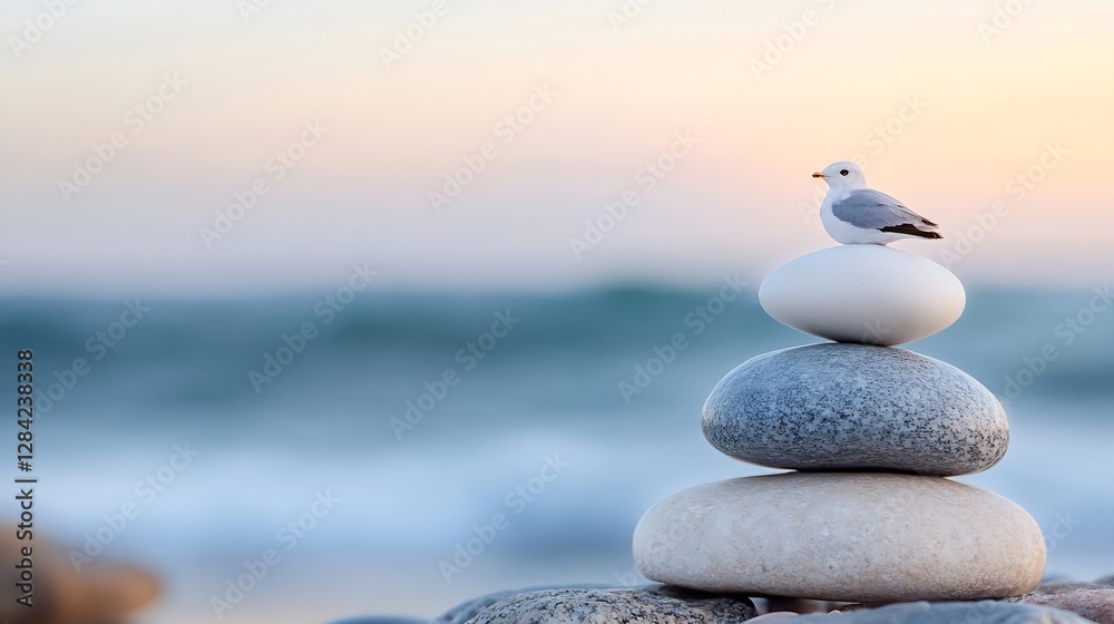 Aufkleber minimalist composition of smooth stones with a seagull perched on top by the shore : generative ai