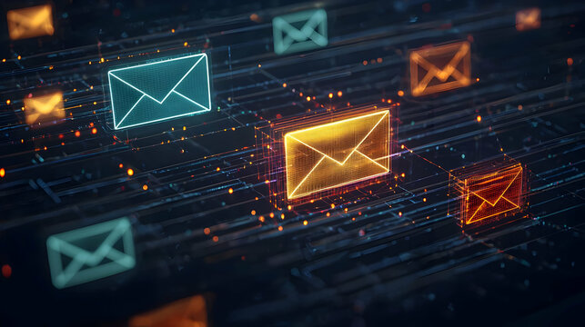 Abstract Digital Email Icons Flowing Across A Network Representing Online Communication