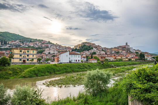 Beautiful old historic mountain village in the evening. City panorama at sunset Polla, Italy