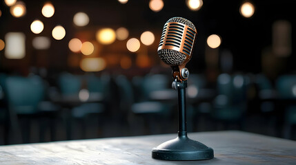 Vintage Microphone On A Table With A Blurred Background Of Dimly Lit Tables