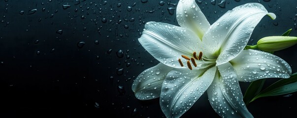 White lily with water droplets on a dark background