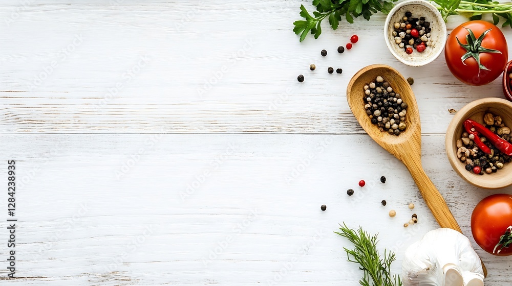 Aufkleber fresh vegetables and spices arranged artistically on a wooden table for a healthy meal preparation :