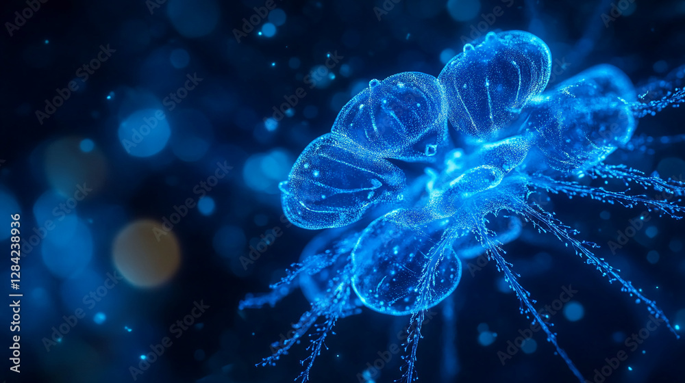 Poster close-up of a glowing blue abstract structure resembling delicate jellyfish-like forms, with a mesme