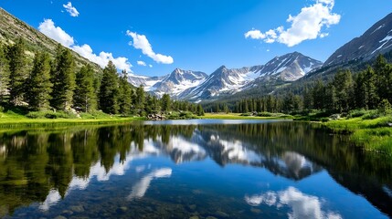 Fototapeta premium Breathtaking Mountain Landscape Reflected in a Crystal Clear Alpine Lake Under Blue Sky : Generative AI