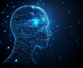 Futuristic AI Head Composed of Glowing Binary Code – Digital Portrait of Artificial Intelligence and Cyber Technology Against a Dark Tech Background