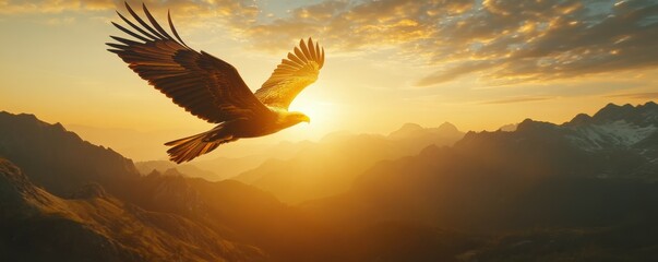 Obraz premium Majestic eagle soaring at sunrise over mountain landscape with golden sky