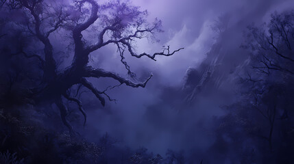 Mysterious deep plum forest misty foggy mountainside ancient twisted tree branches eerie moonlight ambiance whispers of forgotten secrets. Misty Forest of Whispers. Illustration