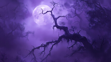 Mysterious deep plum forest misty foggy mountainside ancient twisted tree branches eerie moonlight ambiance whispers of forgotten secrets. Misty Forest of Whispers. Illustration