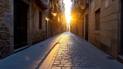 Charming sunlit narrow street in the city showcasing beautiful architecture and an inviting pathway : Generative AI