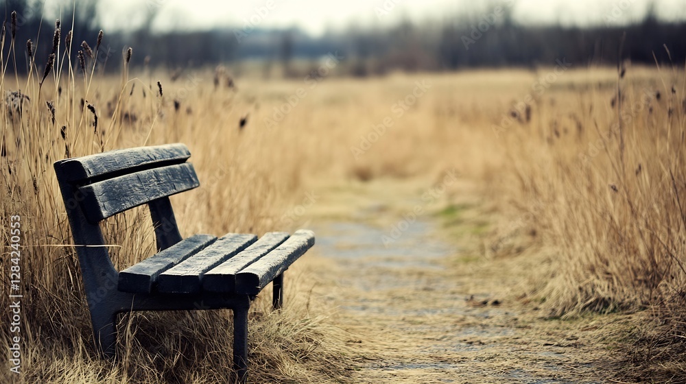 Poster solitary wooden bench surrounded by tall grass on a peaceful pathway in a quiet natural setting : ge