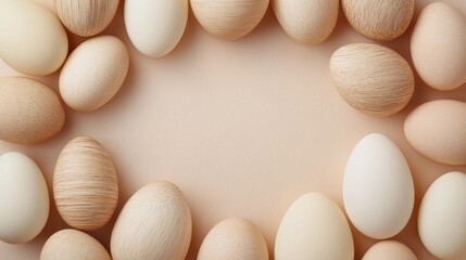 Fresh Organic Eggs Arranged in a Circular Pattern on a Soft Beige Background for Culinary Inspiration and Healthy Eating Concept