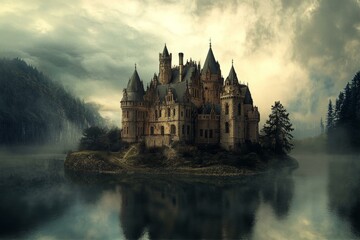 Obraz premium Ethereal Castle on a Misty Isle A Medieval Architectural Marvel Surrounded by Still Waters