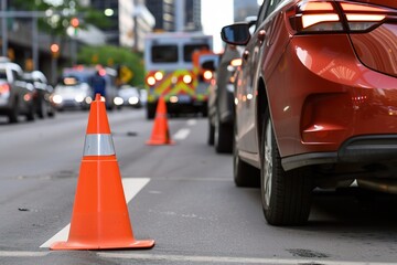 An orange traffic cone stands on a busy city street, with blurred cars and emergency vehicles in the background, signaling caution. emergency response
