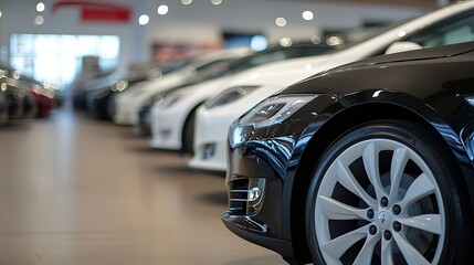 A Row of Luxury Cars with Stylish Wheels on Display in a Modern Automotive Showroom : Generative AI