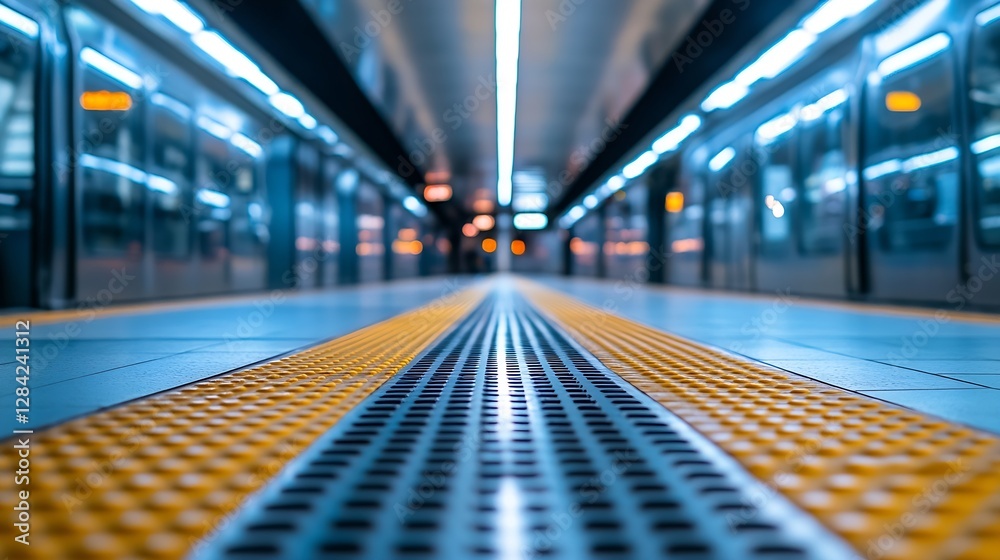 Poster Perspective View of Empty Subway Platform with Modern Lighting and Safety Lines : Generative AI
