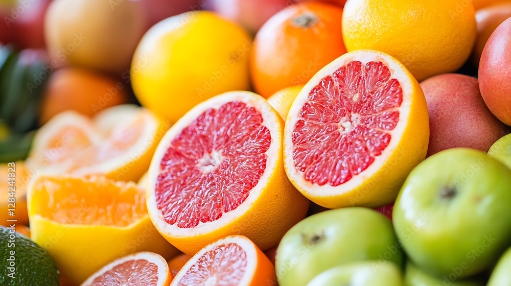 Poster A vibrant display of assorted fresh fruits including grapefruits and apples in a colorful arrangement : Generative AI