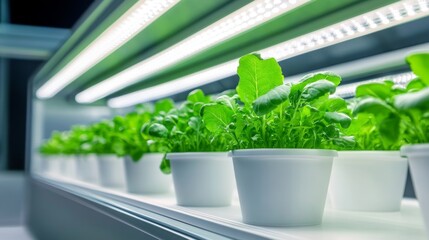 Indoor hydroponic garden showcasing vibrant green lettuce plants under bright LED light