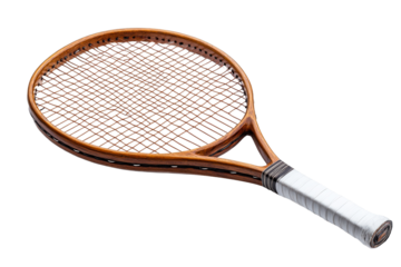 Classic wooden tennis racket resting on a surface