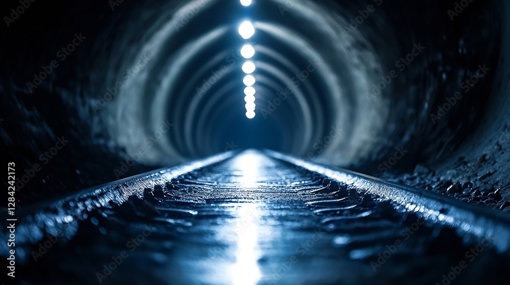 Poster mysterious underground train tunnel illuminated by bright lights and reflective tracks : generative 