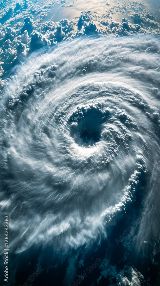 Poster aerial view of a powerful swirling hurricane with dramatic cloud formations and wind patterns, showc