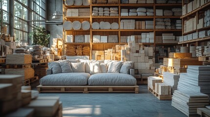 Sunlit warehouse interior with sofa, pallets, and shelves full of textiles and boxes.