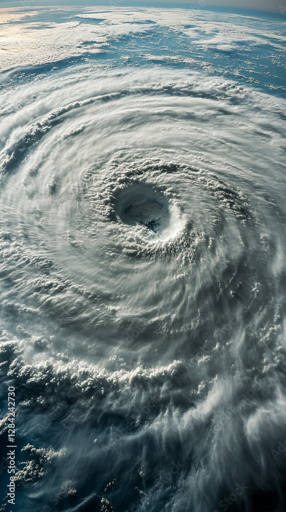 Poster aerial view of a swirling hurricane over the ocean with dramatic cloud formations, showcasing the po