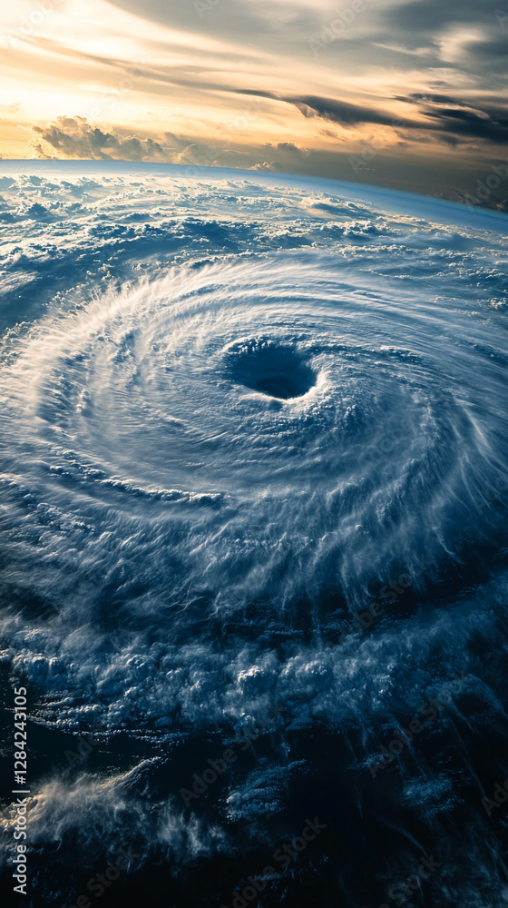 Poster aerial view of a powerful cyclone swirling over the ocean with dramatic cloud formations, showcasing