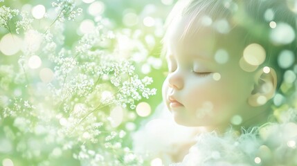 Fototapeta premium Serene baby portrait surrounded by soft greenery and gentle light, capturing innocence and tranquility in a dreamy atmosphere, peaceful childhood concept