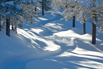 Serene Winter Landscape with Snow-Covered Pathway Through Pines