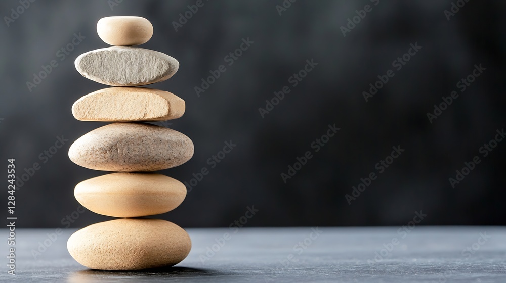 Poster Balanced Stack of Smooth Stones Representing Tranquility and Harmony Against a Dark Background : Generative AI